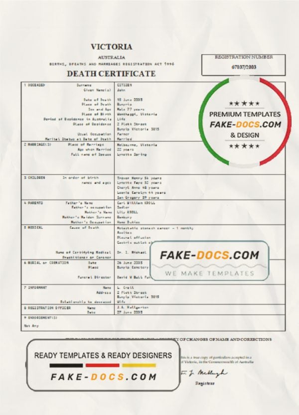 Australia Victoria Death Certificate template in Word and PDF format