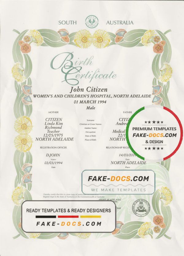 Australian South Australia decorative (commemorative) birth certificate template in PSD format, fully editable