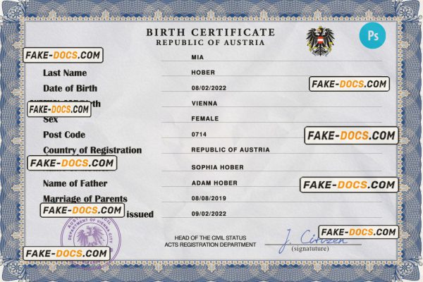 Austria vital record birth certificate PSD template, completely editable scan