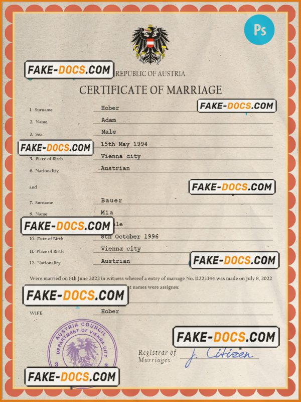 Austria marriage certificate PSD template, fully editable scan