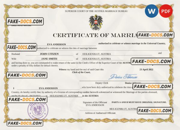 Austria marriage certificate Word and PDF template, completely editable scan