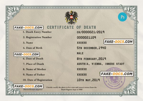 Austria death certificate PSD template, completely editable