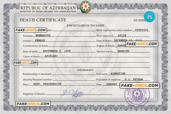 Azerbaijan vital record death certificate PSD template, completely editable scan
