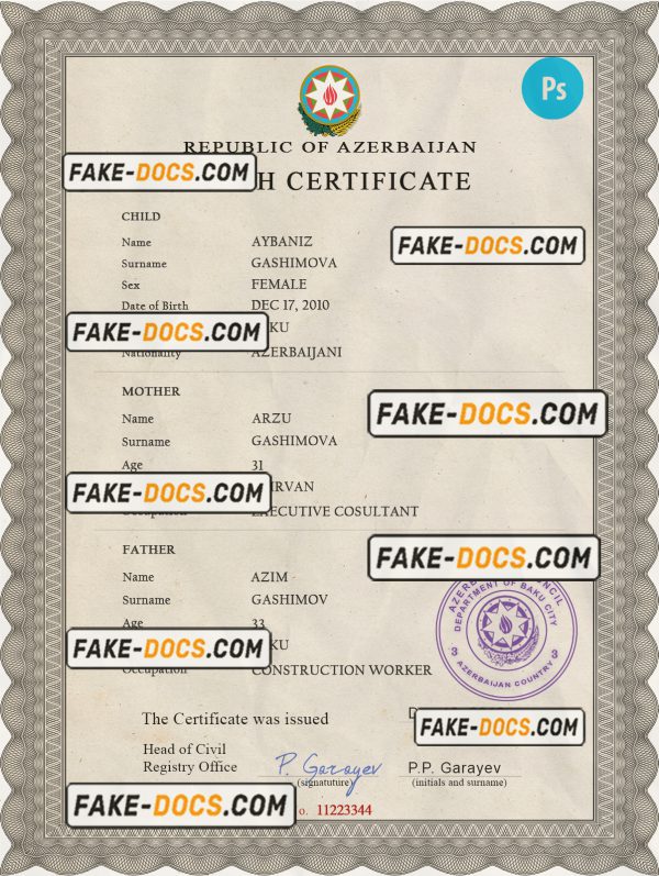 Azerbaijan birth certificate PSD template, completely editable scan
