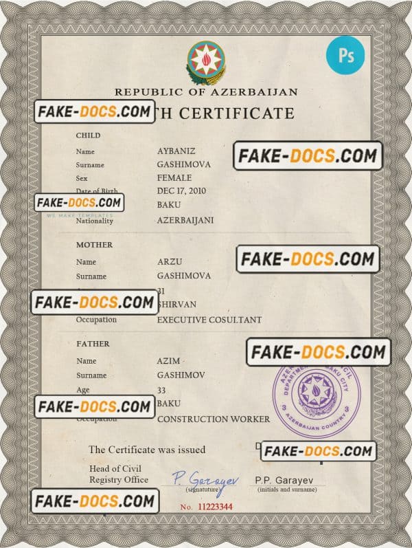 Azerbaijan birth certificate PSD template, completely editable