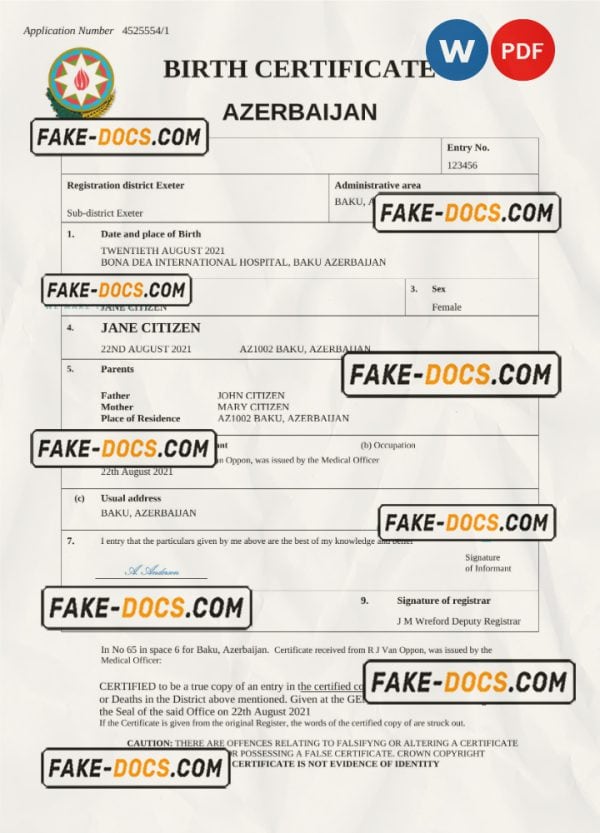 Azerbaijan vital record birth certificate Word and PDF template, fully editable