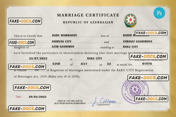 Azerbaijan marriage certificate PSD template, completely editable scan