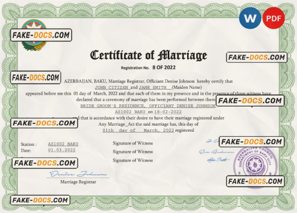 Azerbaijan marriage certificate Word and PDF template, fully editable