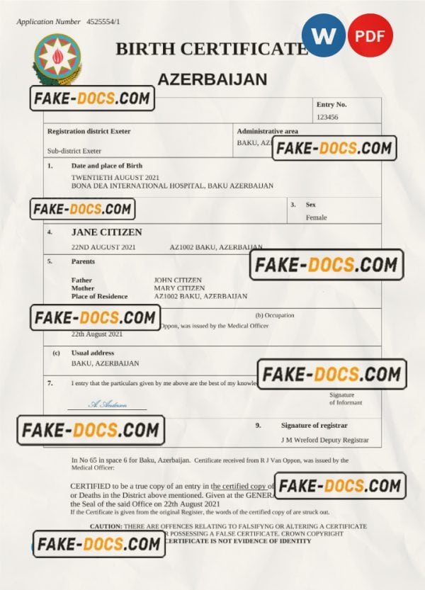 Azerbaijan vital record birth certificate Word and PDF template, fully editable