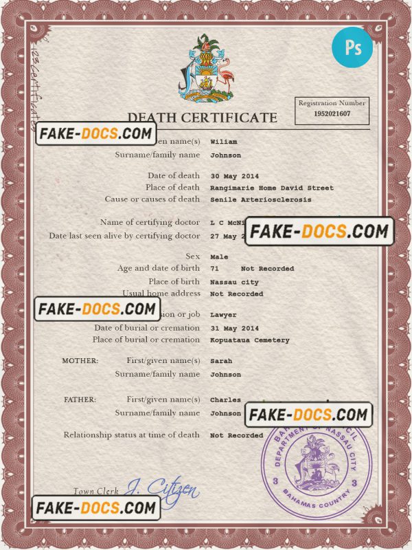 Bahamas vital record death certificate PSD template scan