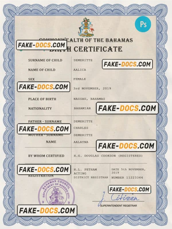 Bahamas vital record birth certificate PSD template, fully editable