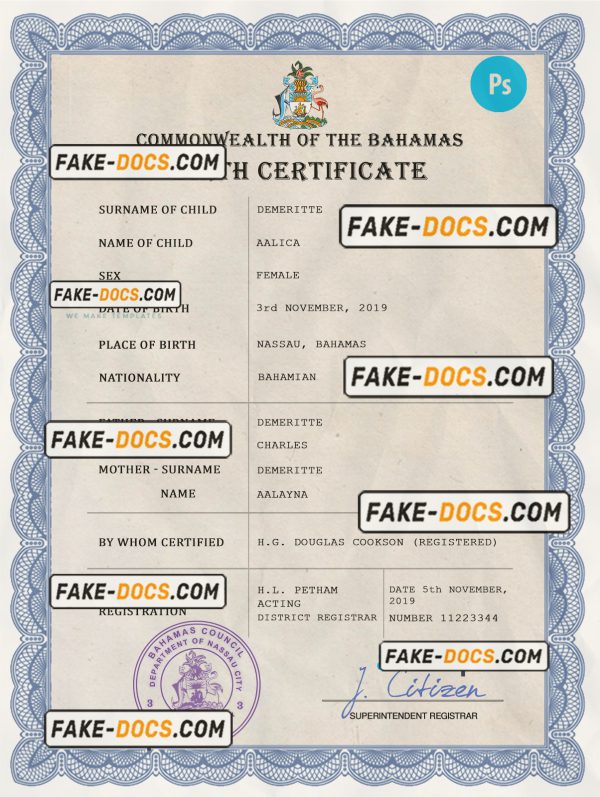 Bahrain vital record birth certificate PSD template
