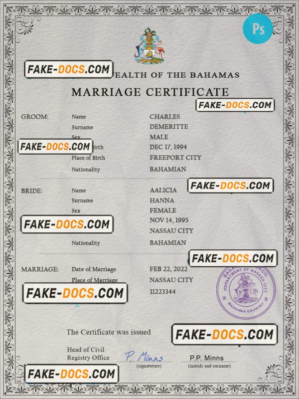 Bahamas marriage certificate PSD template, fully editable scan