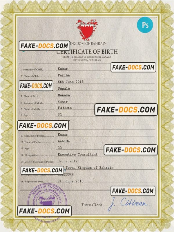Bahrain vital record birth certificate PSD template