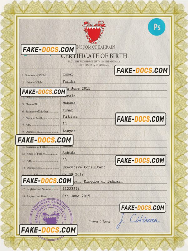 Bahamas vital record birth certificate PSD template, fully editable scan