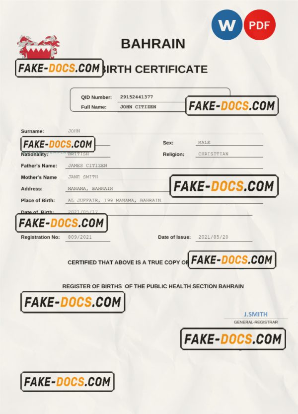 Bahrain vital record birth certificate Word and PDF template scan