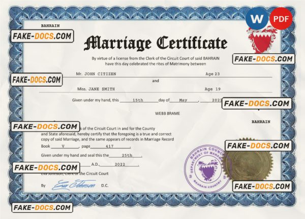 Bahrain marriage certificate Word and PDF template, fully editable scan