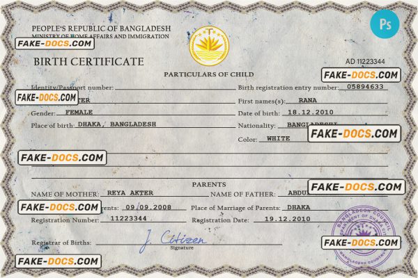 Bangladesh vital record birth certificate PSD template scan