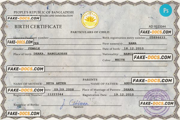 Bangladesh vital record birth certificate PSD template