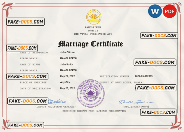 Bangladesh marriage certificate Word and PDF template, fully editable scan