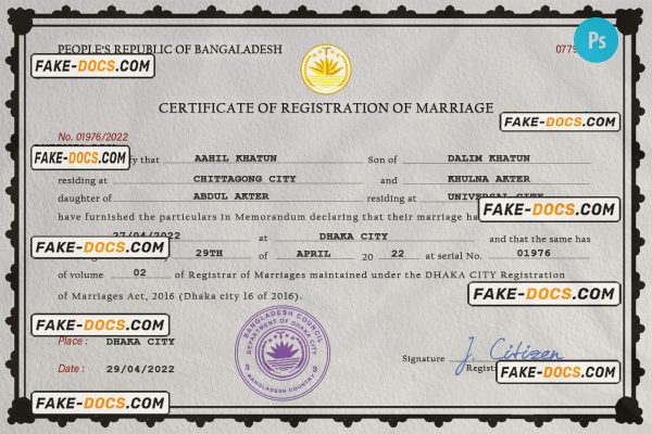 Bangladesh marriage certificate PSD template, fully editable
