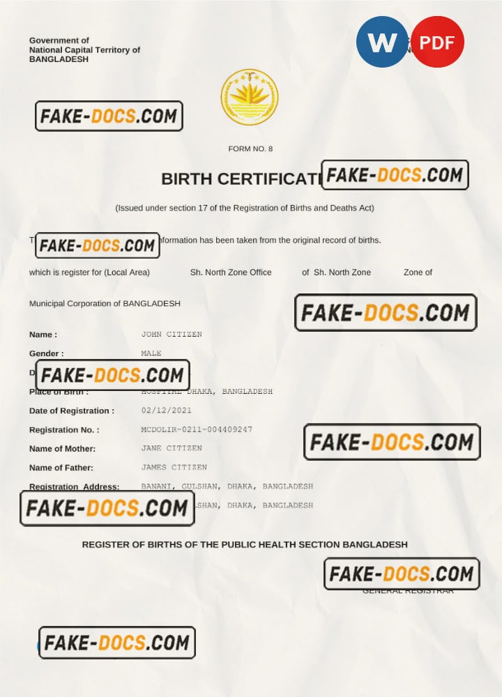 Bangladesh vital record birth certificate Word and PDF template, fully editable Bangladesh vital record birth certificate Word and PDF template, fully editable