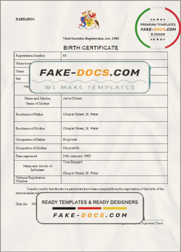Barbados birth certificate template in Word and PDF format scan