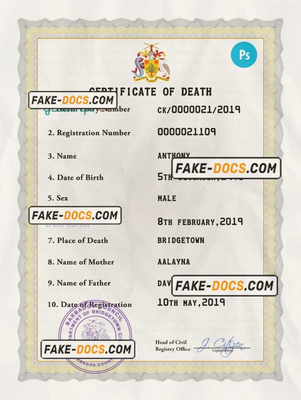 Barbados death certificate PSD template, completely editable scan