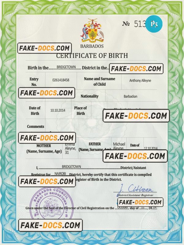 Barbados vital record birth certificate PSD template, completely editable scan