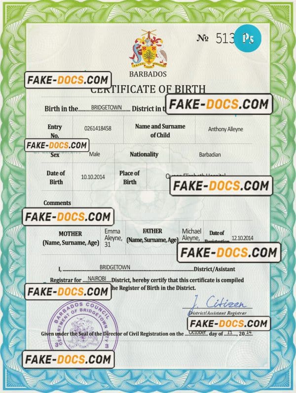 Barbados vital record birth certificate PSD template, completely editable