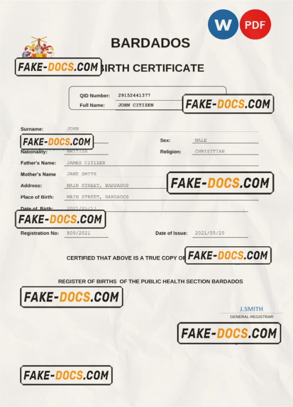 Barbados birth certificate Word and PDF template, completely editable scan
