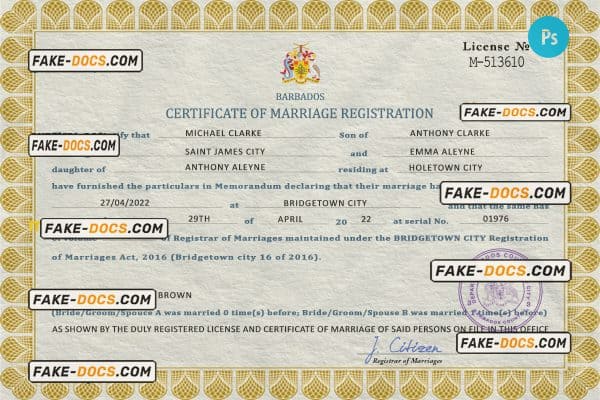 Barbados marriage certificate PSD template, completely editable