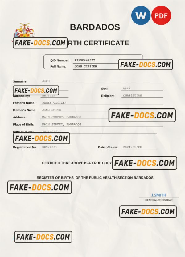 Barbados birth certificate Word and PDF template, completely editable Scan