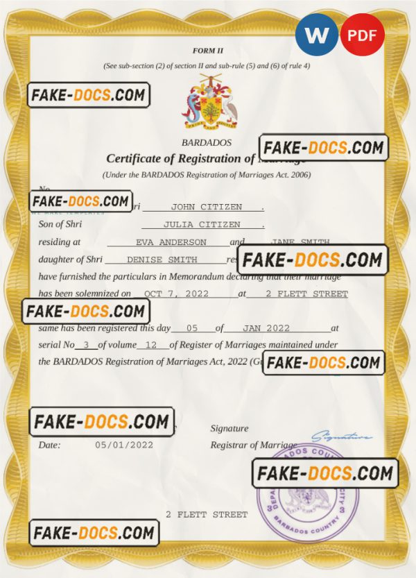 Barbados marriage certificate Word and PDF template, completely editable scan