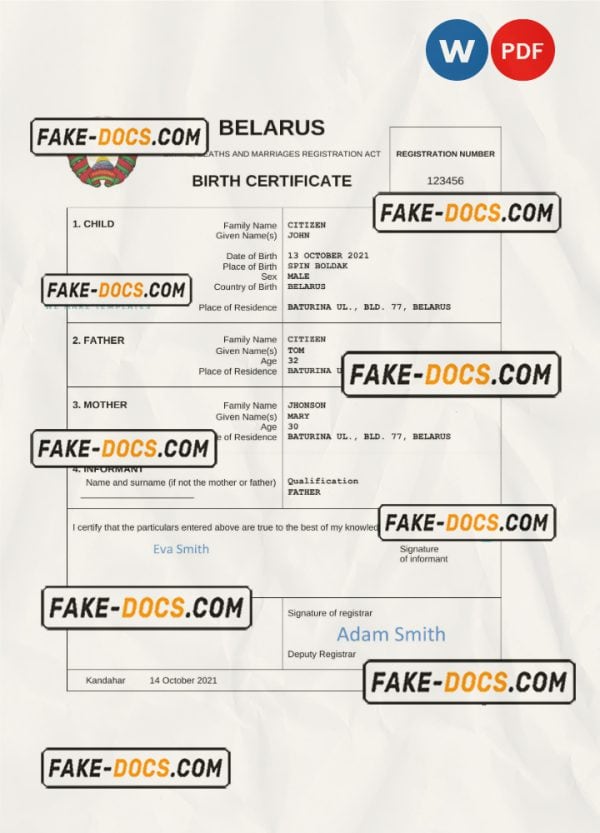 Belarus vital record birth certificate Word and PDF template, completely editable