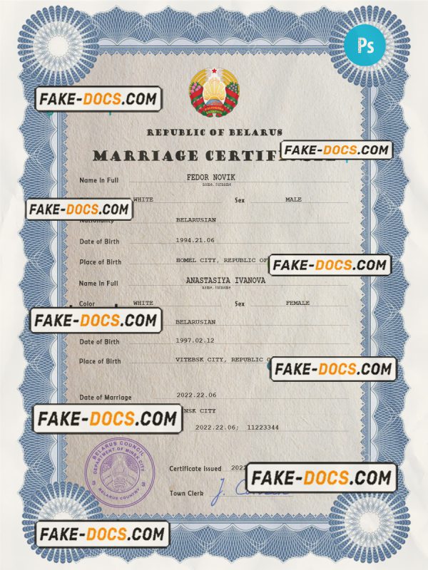 Belarus marriage certificate PSD template, fully editable