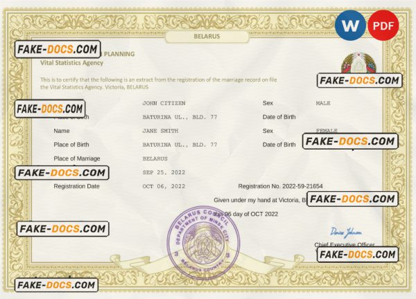 Belarus marriage certificate Word and PDF template, fully editable scan