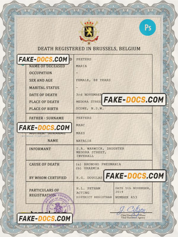 Belgium vital record death certificate PSD template scan