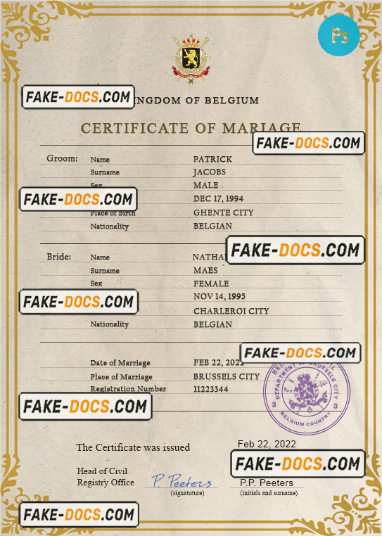 Belgium marriage certificate PSD template, completely editable scan