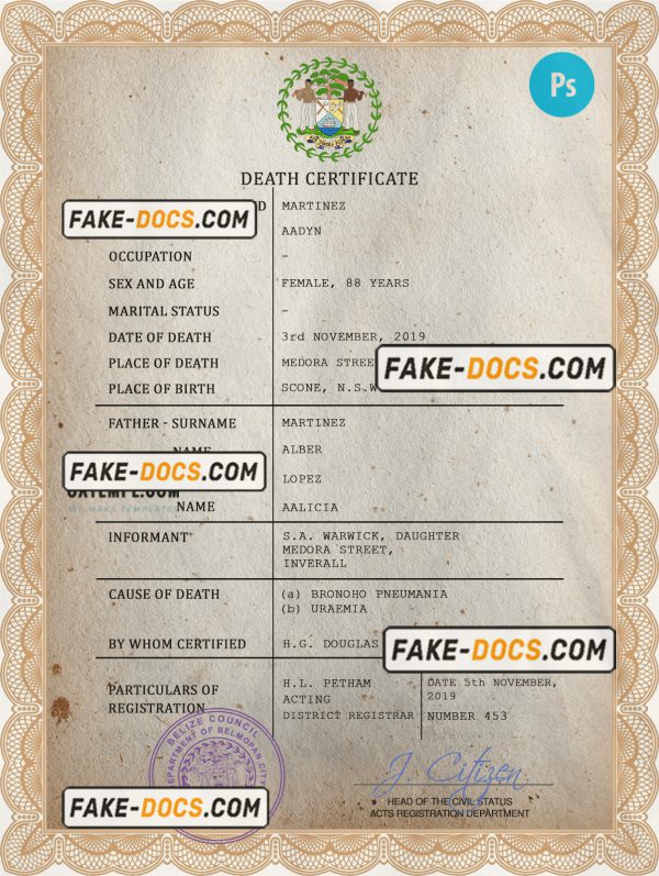 Belize death certificate PSD template, completely editable scan