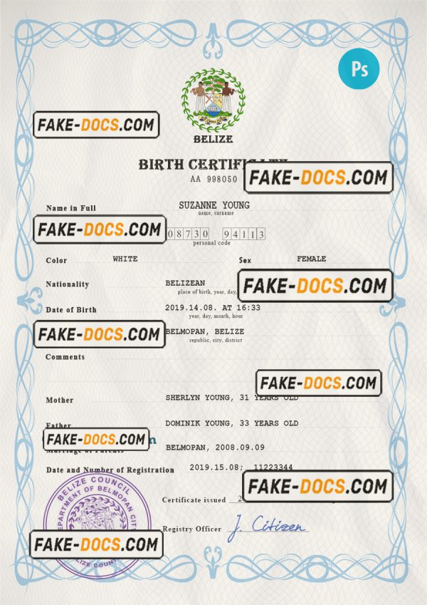 Belize vital record birth certificate PSD template scan