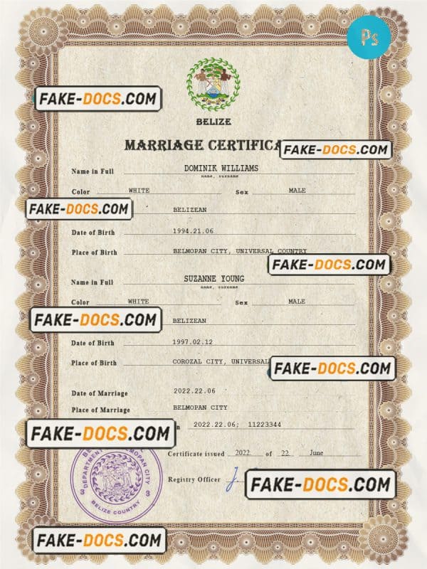 Belize marriage certificate PSD template, fully editable