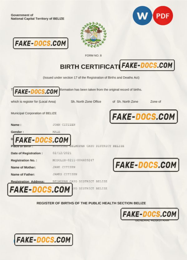 Belize vital record birth certificate Word and PDF template, fully editable scan