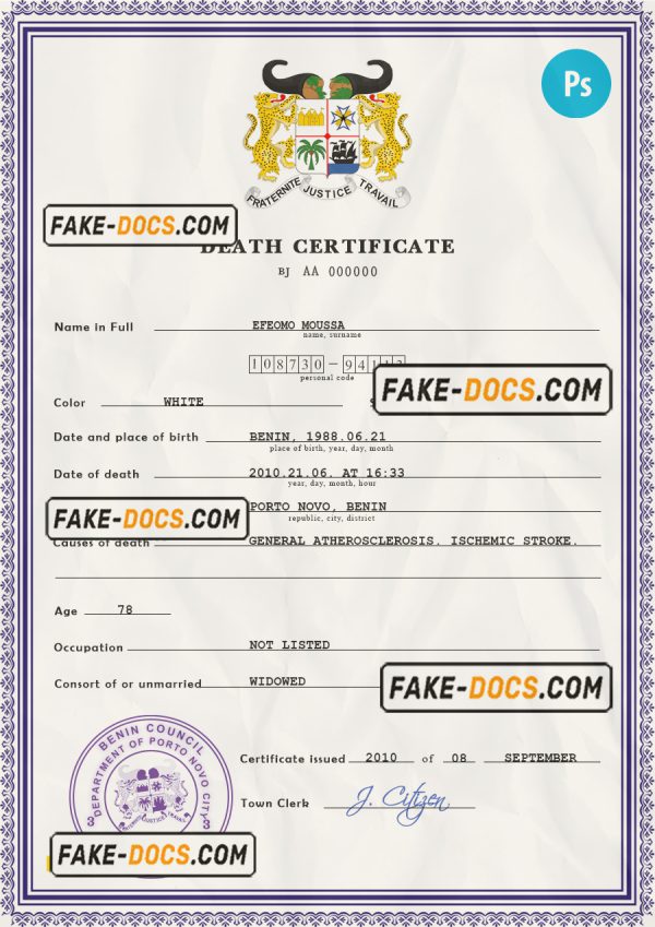Benin vital record death certificate PSD template, fully editable scan