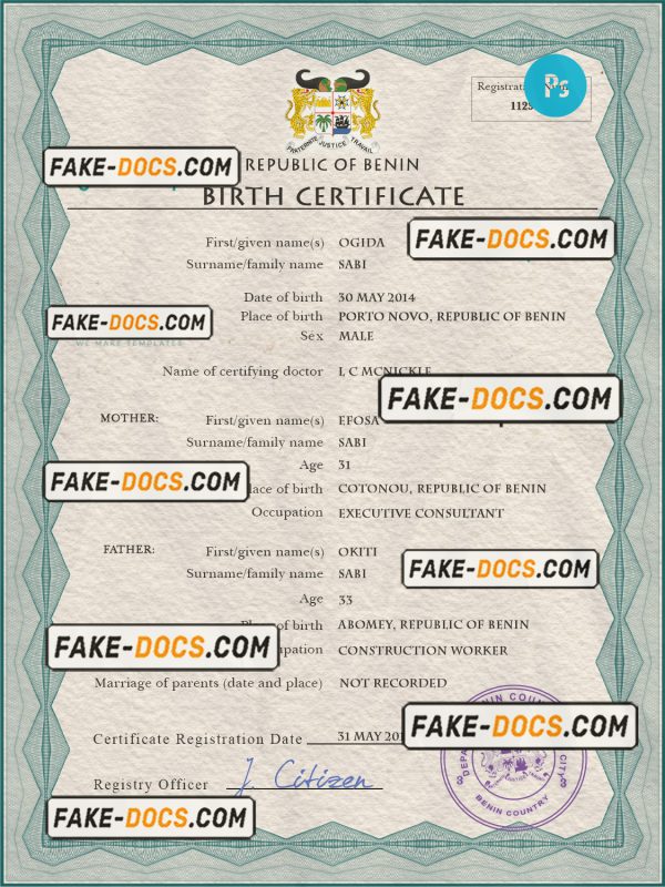 Benin vital record birth certificate PSD template, completely editable scan