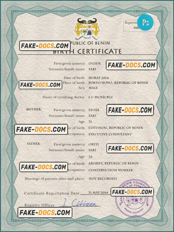 Benin vital record birth certificate PSD template, completely editable scan