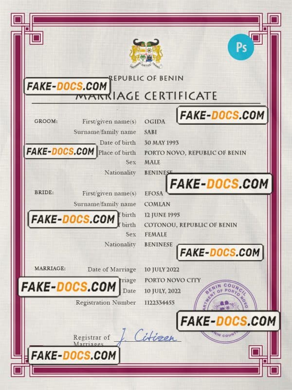 Benin marriage certificate PSD template, completely editable