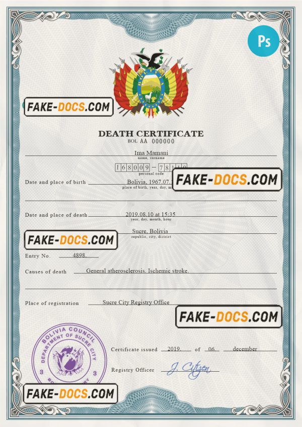 Bolivia death certificate PSD template, completely editable scan