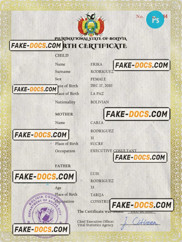 Bolivia vital record birth certificate PSD template, completely editable scan