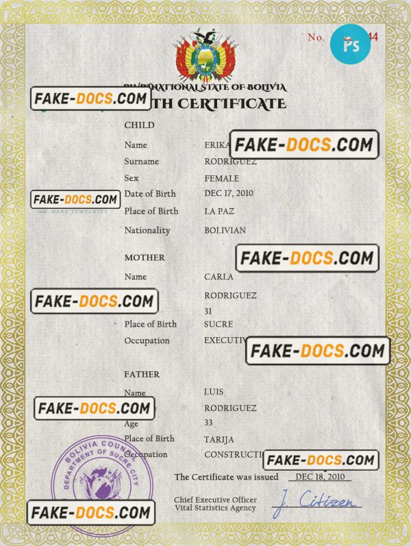Bolivia vital record birth certificate PSD template, completely editable scan